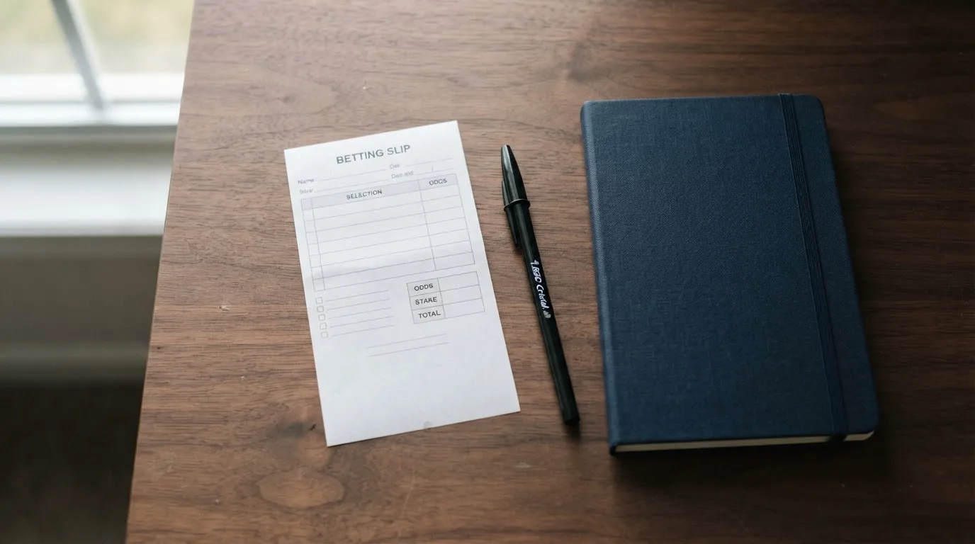 Ein leerer Papierwettschein und ein Kugelschreiber liegen auf einer glatten Schreibtischplatte neben einem Notizbuch.