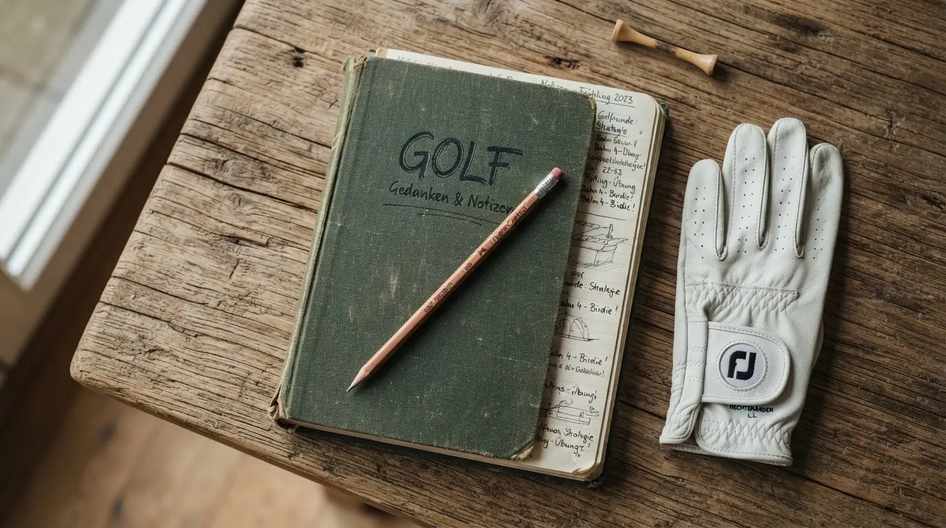 Ein Notizbuch mit handschriftlichen Notizen und ein Bleistift liegen neben einem Golfhandschuh und einem Tee auf einem Holztisch.