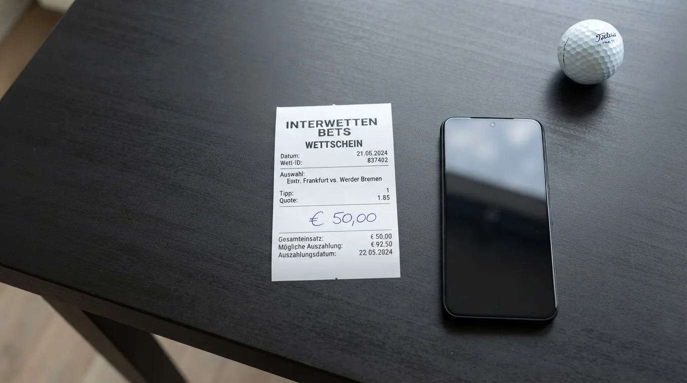 Ein leerer Wettschein aus Papier liegt neben einem Smartphone mit dunklem Display auf einem Tisch, daneben ein einzelner Golfball.