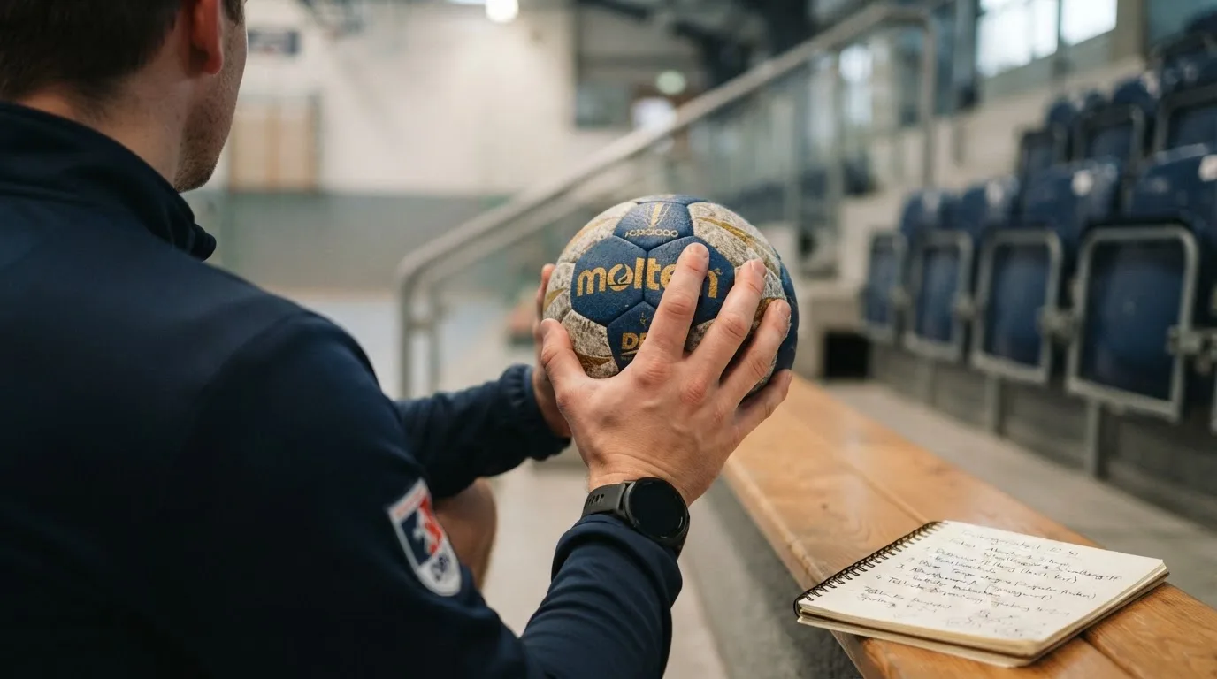 Eine Hand hält einen Handball, im Hintergrund eine unscharfe Tribüne, daneben liegt ein Notizblock auf einer Bank.