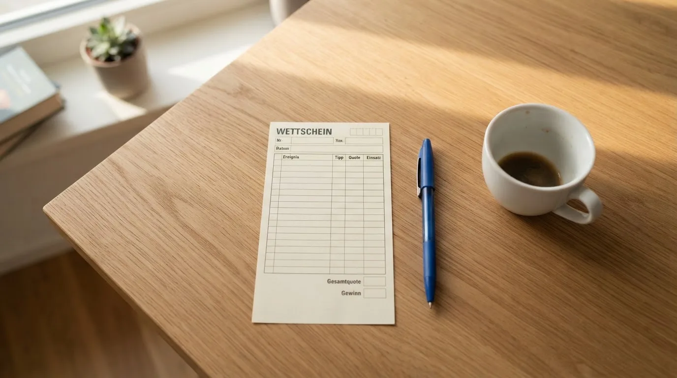 Ein leerer Wettschein aus Papier und ein Kugelschreiber liegen auf einem Schreibtisch neben einer Tasse Kaffee im Tageslicht.