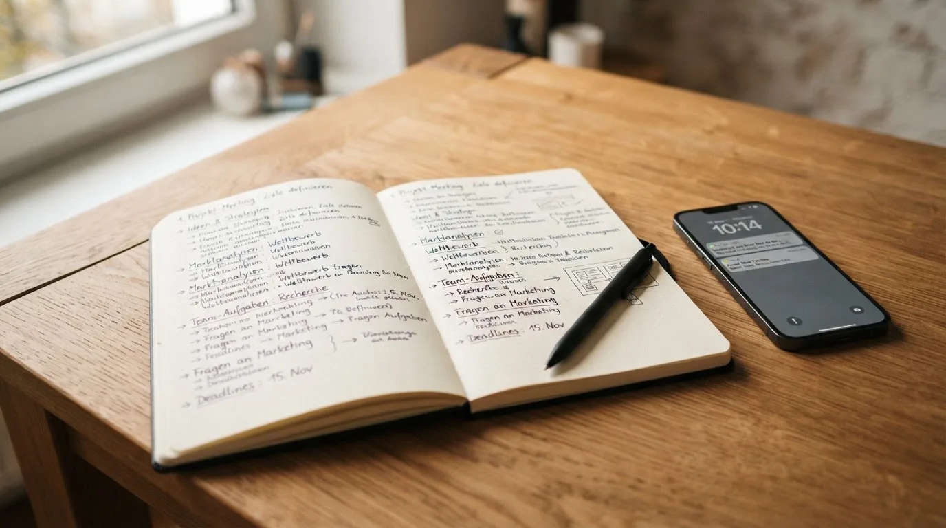 Ein Notizbuch mit handschriftlichen Notizen und ein Stift liegen auf einem Holztisch neben einem Smartphone mit dunklem Bildschirm.