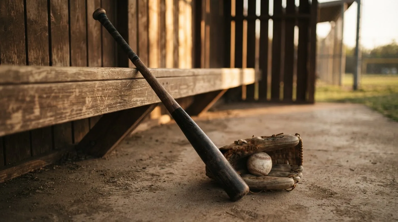 Ein Baseballschläger lehnt an einer Bank im Dugout, daneben liegen ein Handschuh und ein Ball im Licht der Nachmittagssonne.