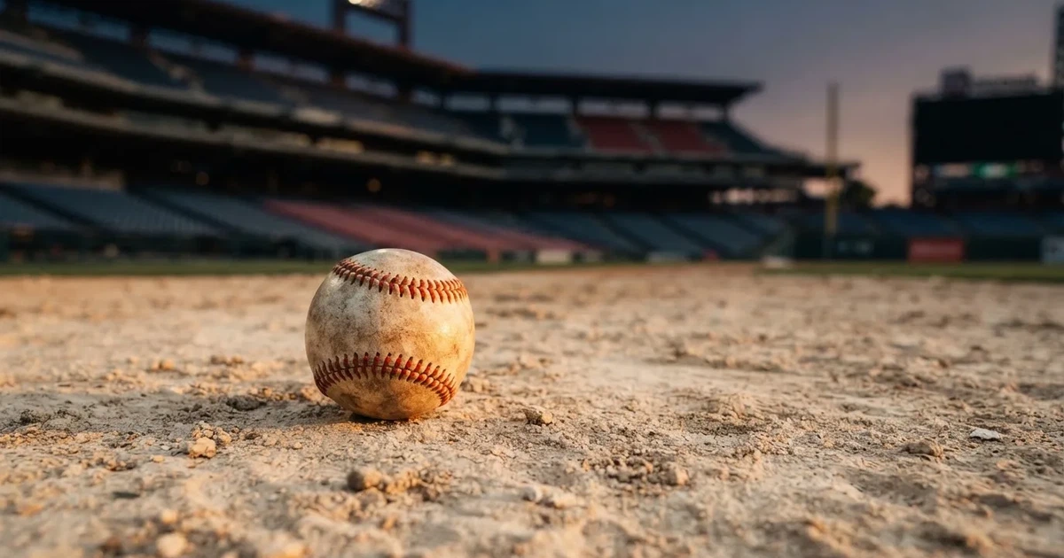 Ein Baseball liegt auf dem hellen Sand des Infields, im Hintergrund eine große Tribüne in der Abenddämmerung.