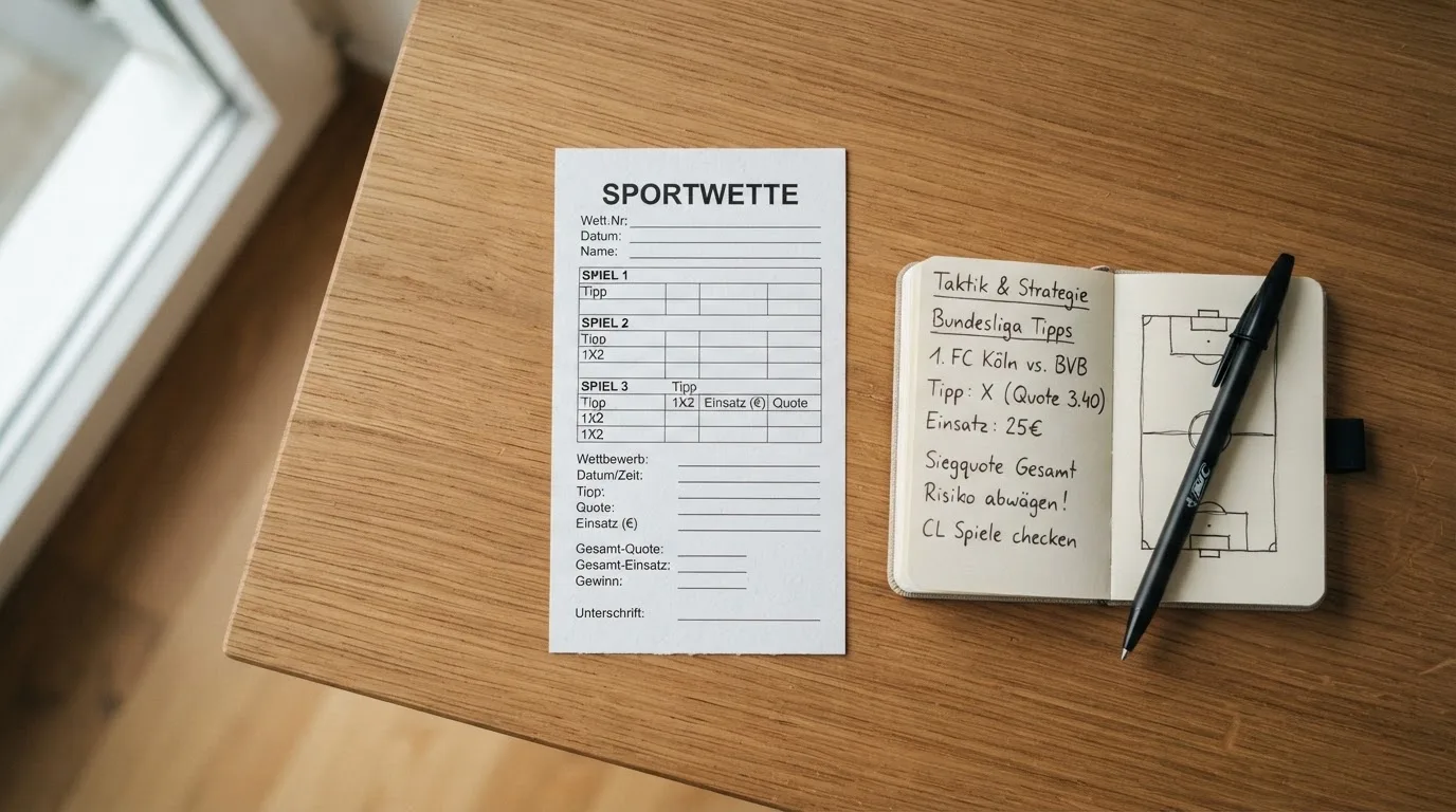 Ein leerer Wettschein aus Papier liegt neben einem Notizbuch und einem Stift auf einem aufgeräumten Schreibtisch.