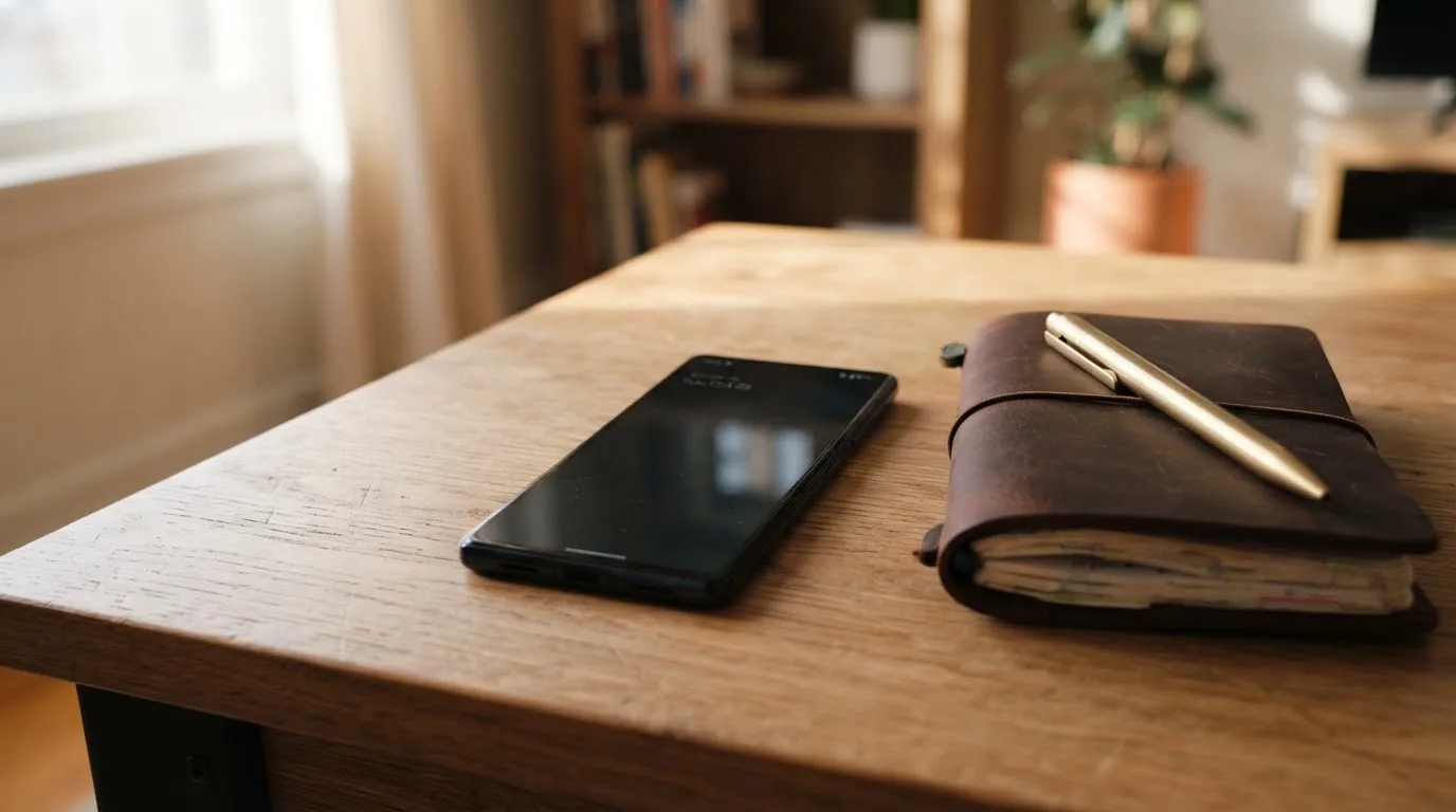 Ein Smartphone mit dunklem Display liegt neben einem Notizbuch und einem Kugelschreiber auf einem Tisch.