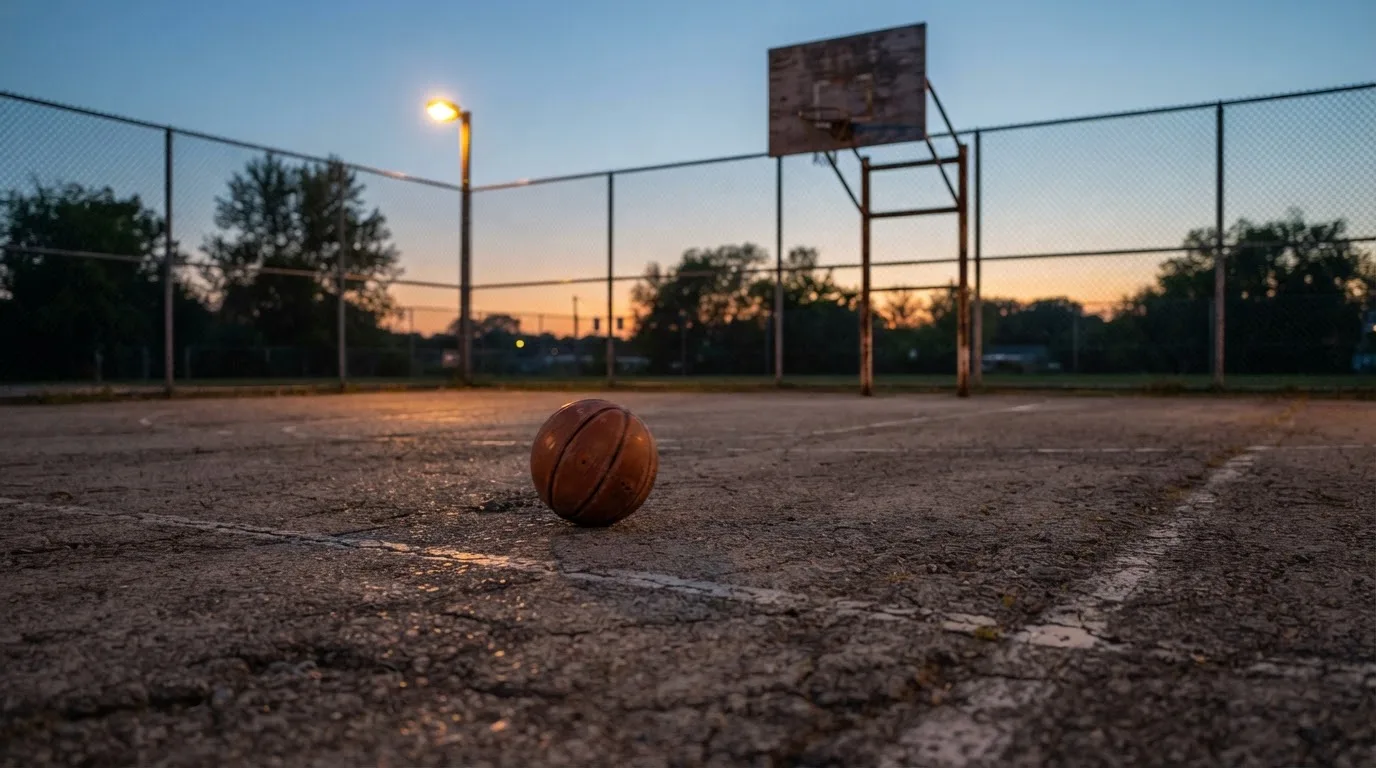 Ein Basketball rollt auf einem Freiluftplatz in der Abenddämmerung zu einem Korb, die Straßenlaternen leuchten bereits.