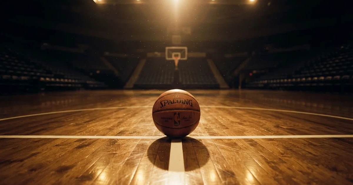 Ein Basketball liegt auf dem Parkettboden einer leeren Arena, Scheinwerfer werfen Licht auf die Mittellinie.