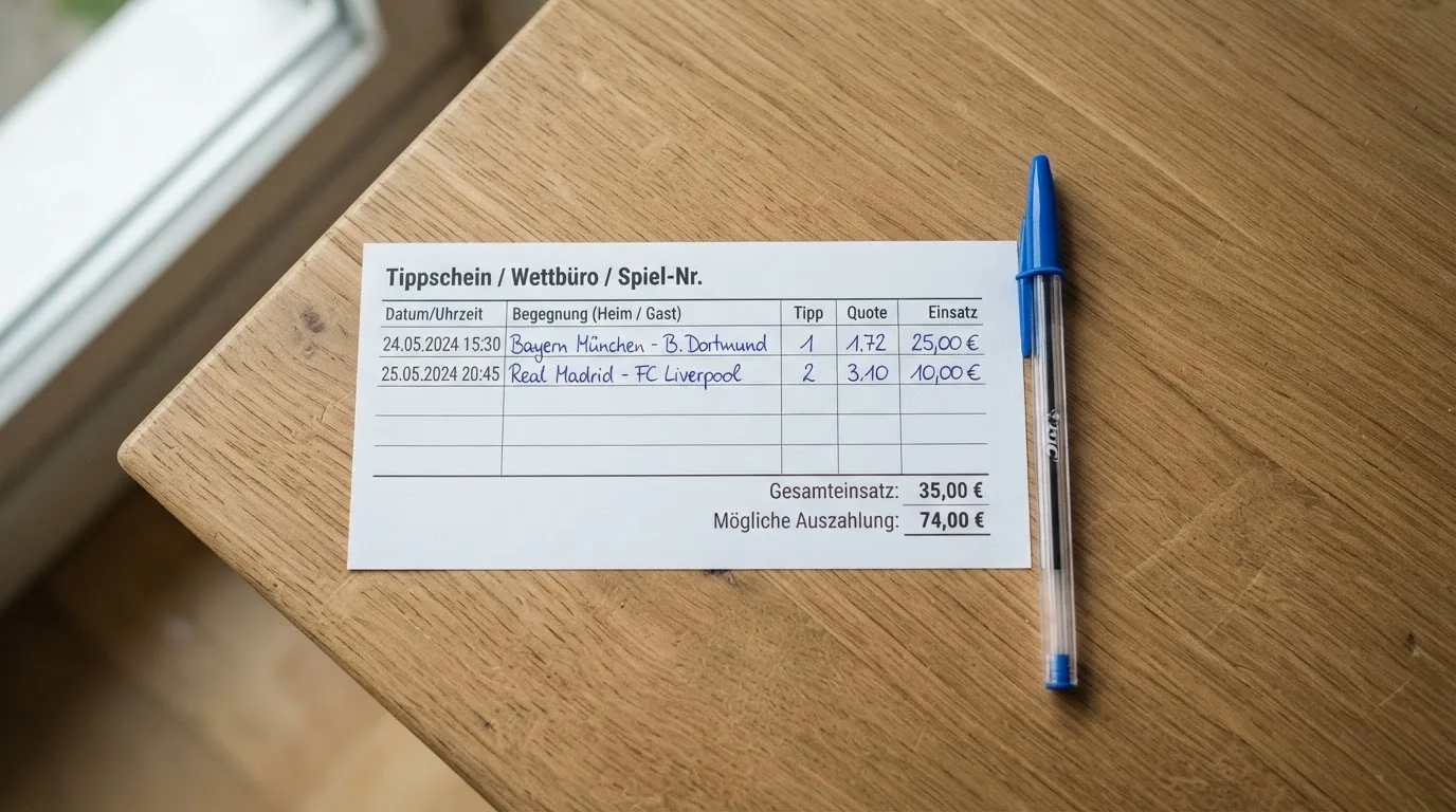 Ein leerer Wettschein aus Papier liegt neben einem Kugelschreiber auf einem Schreibtisch im Tageslicht.