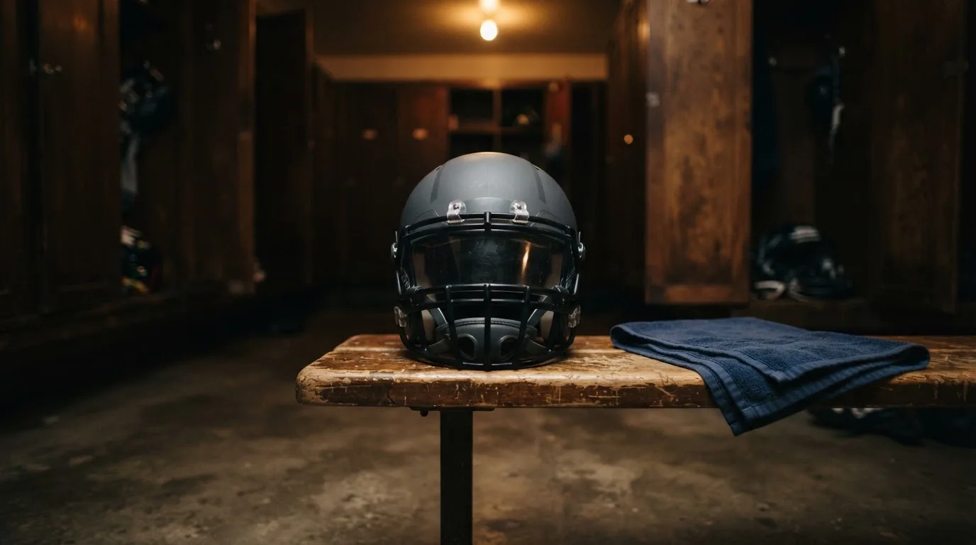 Ein neutraler Footballhelm ohne Aufdruck steht auf einer Holzbank in einer Umkleidekabine.