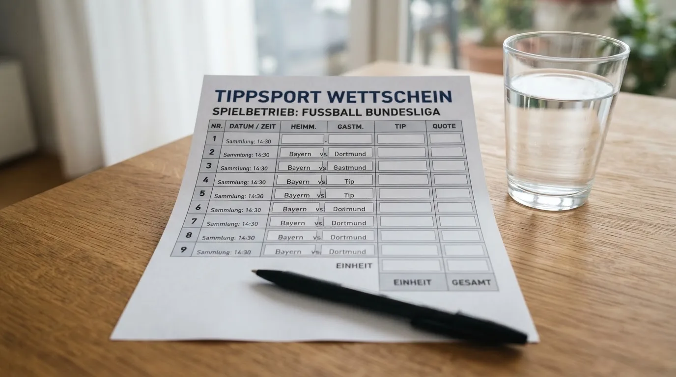 Ein leerer Wettschein aus Papier liegt neben einem Stift auf einem Tisch, daneben ein Glas Wasser.