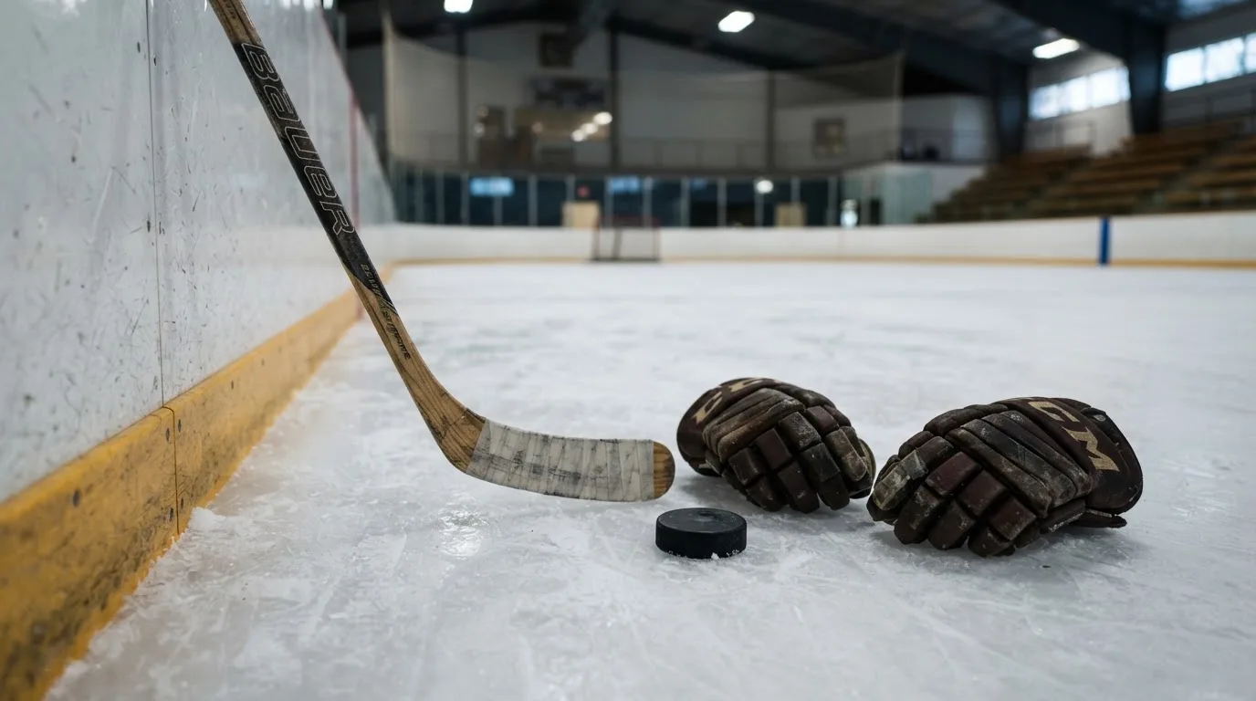 Ein Eishockeyschläger lehnt an einer Bande, daneben liegen ein Puck und ein Paar Handschuhe in einer Eishalle.