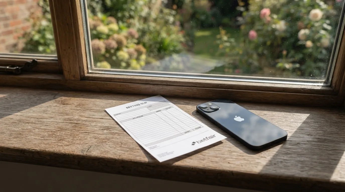 Ein leerer Wettschein aus Papier und ein Smartphone mit dunklem Display liegen auf einer Fensterbank im Tageslicht.