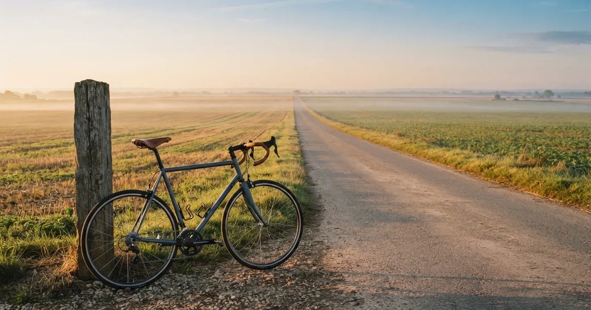Eine Landstraße zwischen Feldern im Morgenlicht, am Straßenrand lehnt ein Rennrad ohne Aufschrift an einem Pfosten.