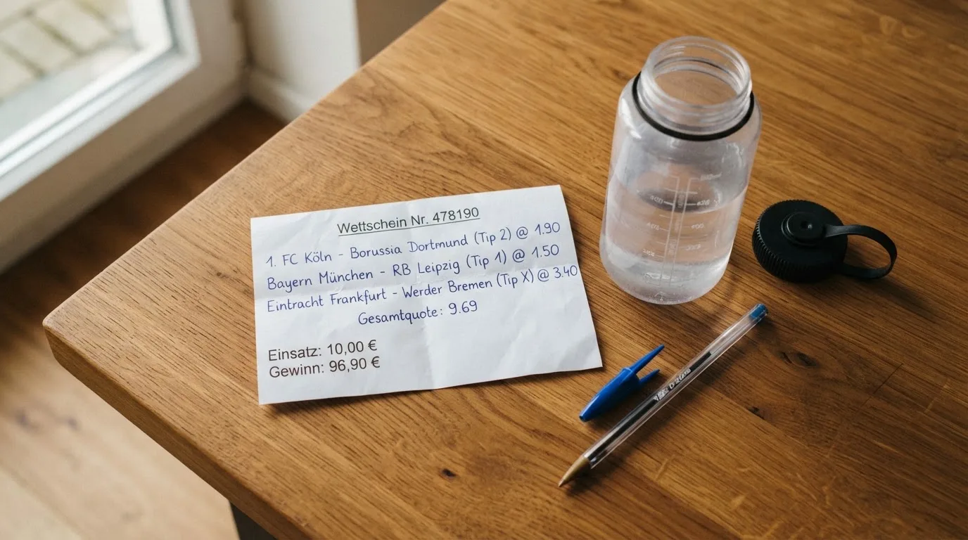 Ein leerer Wettschein aus Papier liegt neben einer Trinkflasche und einem Stift auf einem Tisch.