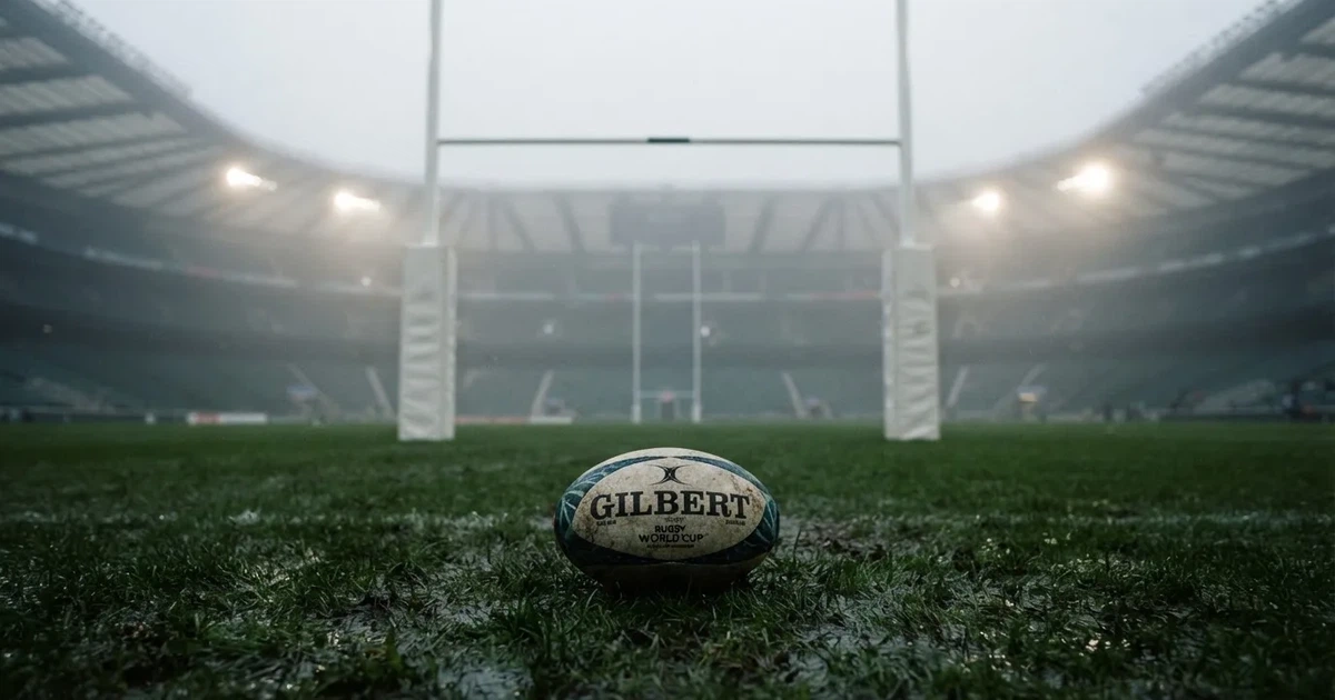 Ein ovaler Rugbyball liegt vor den hohen Torstangen auf nassem Rasen, über dem Stadion zieht Nebel auf.