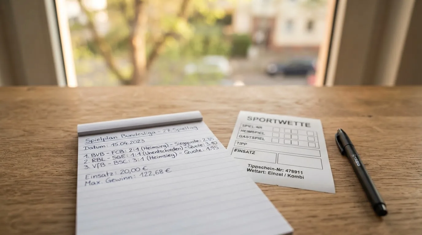 Ein leerer Wettschein aus Papier liegt neben einem Notizbuch und einem Stift auf einem Schreibtisch am Fenster.