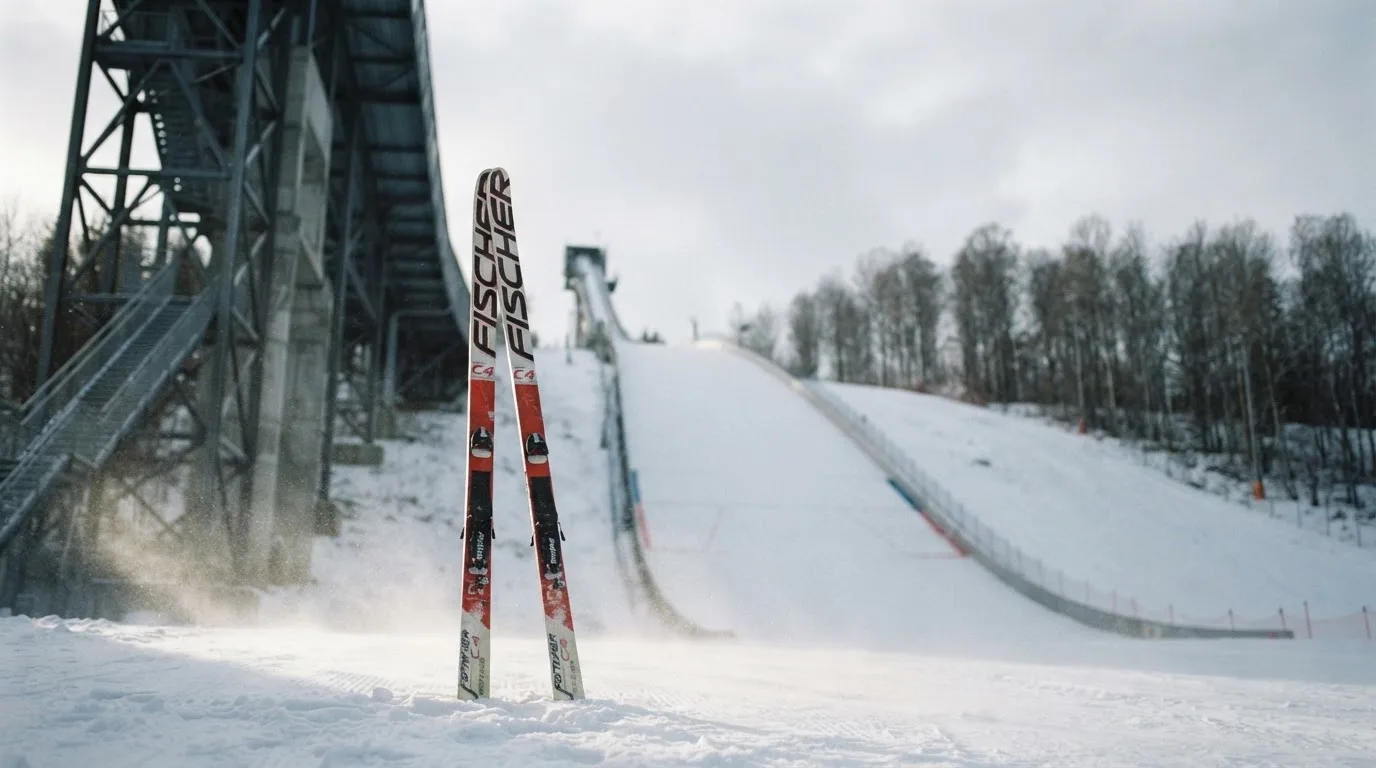 Ein Paar Skier steckt aufrecht im Schnee neben einem Anlaufturm, im Hintergrund wirbelt feiner Schnee im Wind.