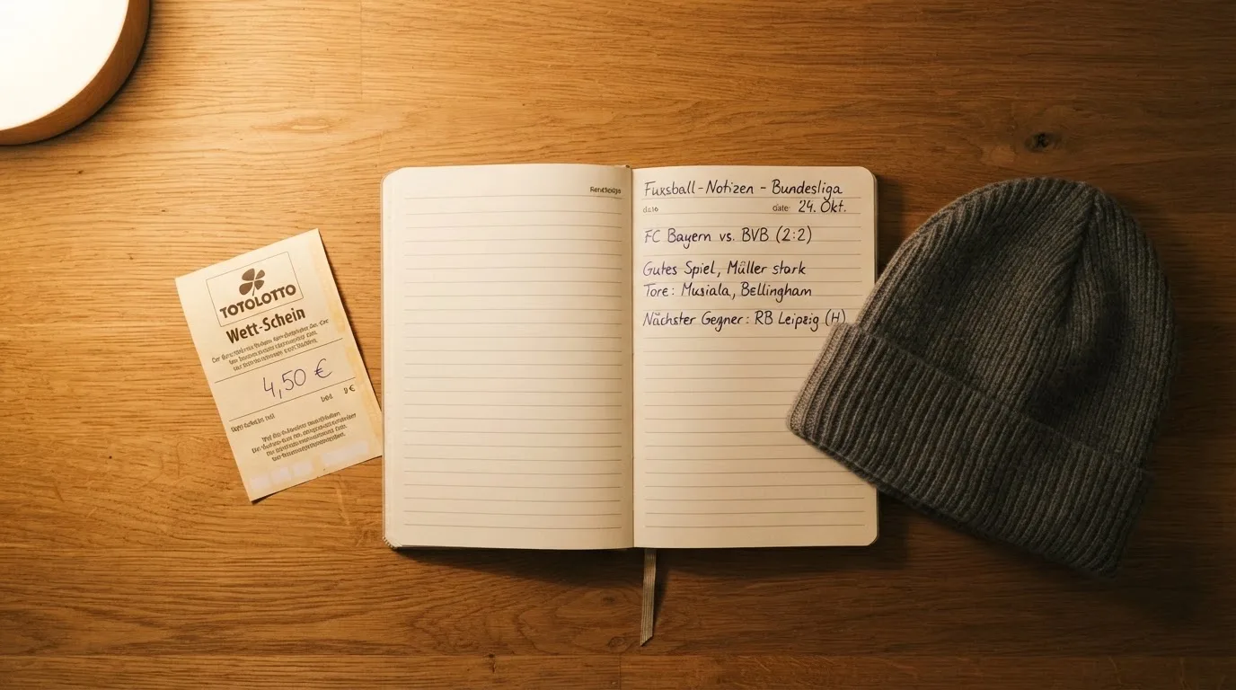 Ein leerer Wettschein aus Papier und ein Notizbuch liegen neben einer Wollmütze auf einem Holztisch.