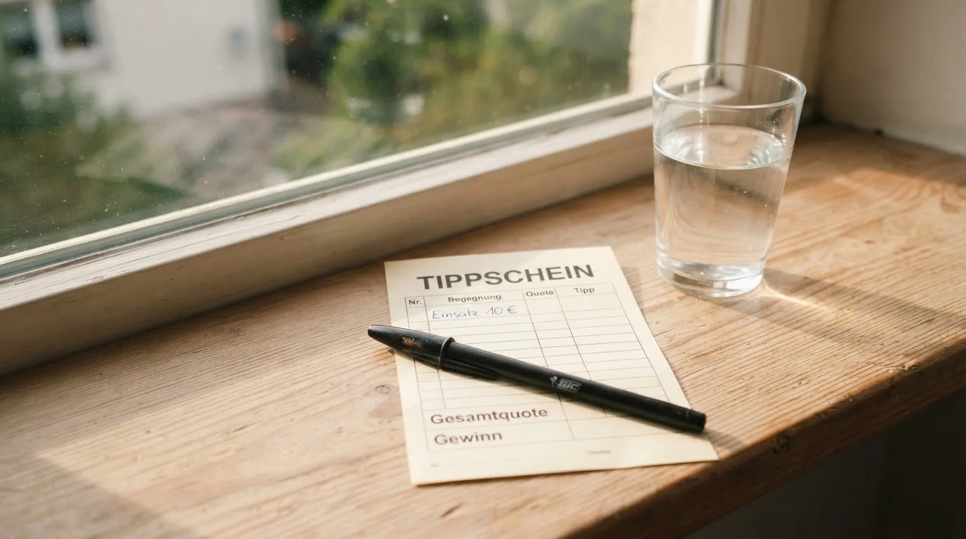 Ein leerer Wettschein aus Papier und ein Kugelschreiber liegen neben einem Glas Wasser auf einer Fensterbank.