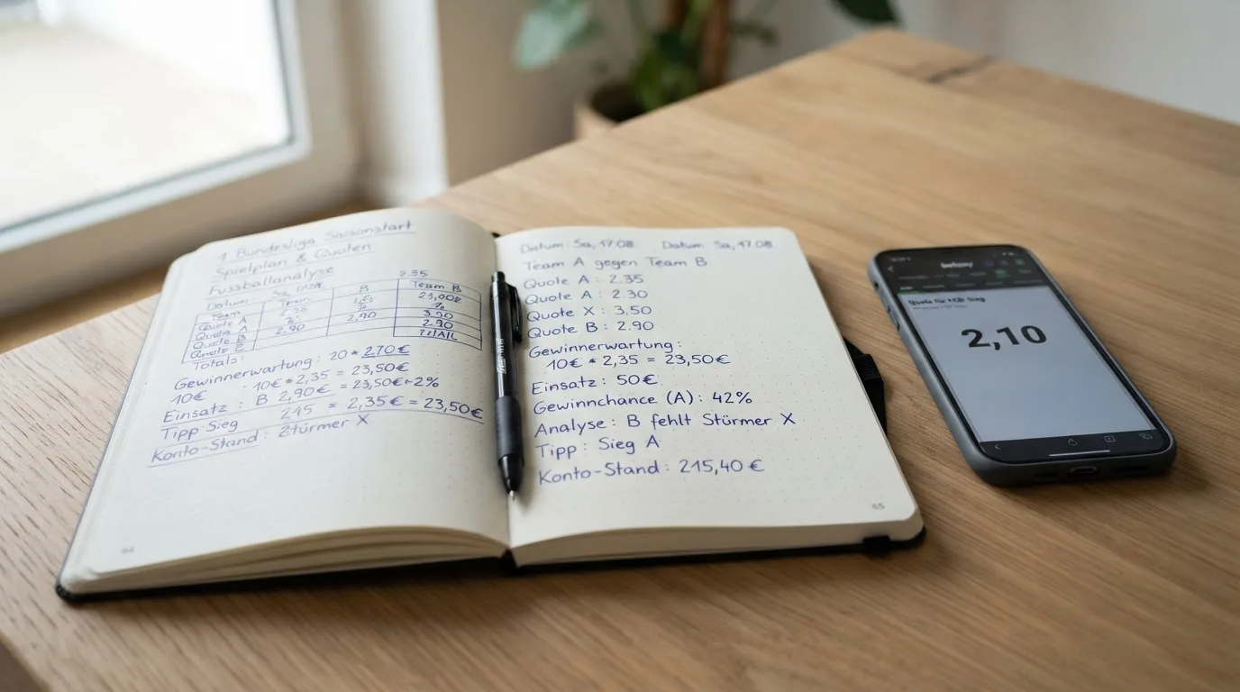 Ein aufgeschlagenes Notizbuch mit handschriftlichen Rechnungen liegt neben Stift und Smartphone auf einem Holztisch im Tageslicht.