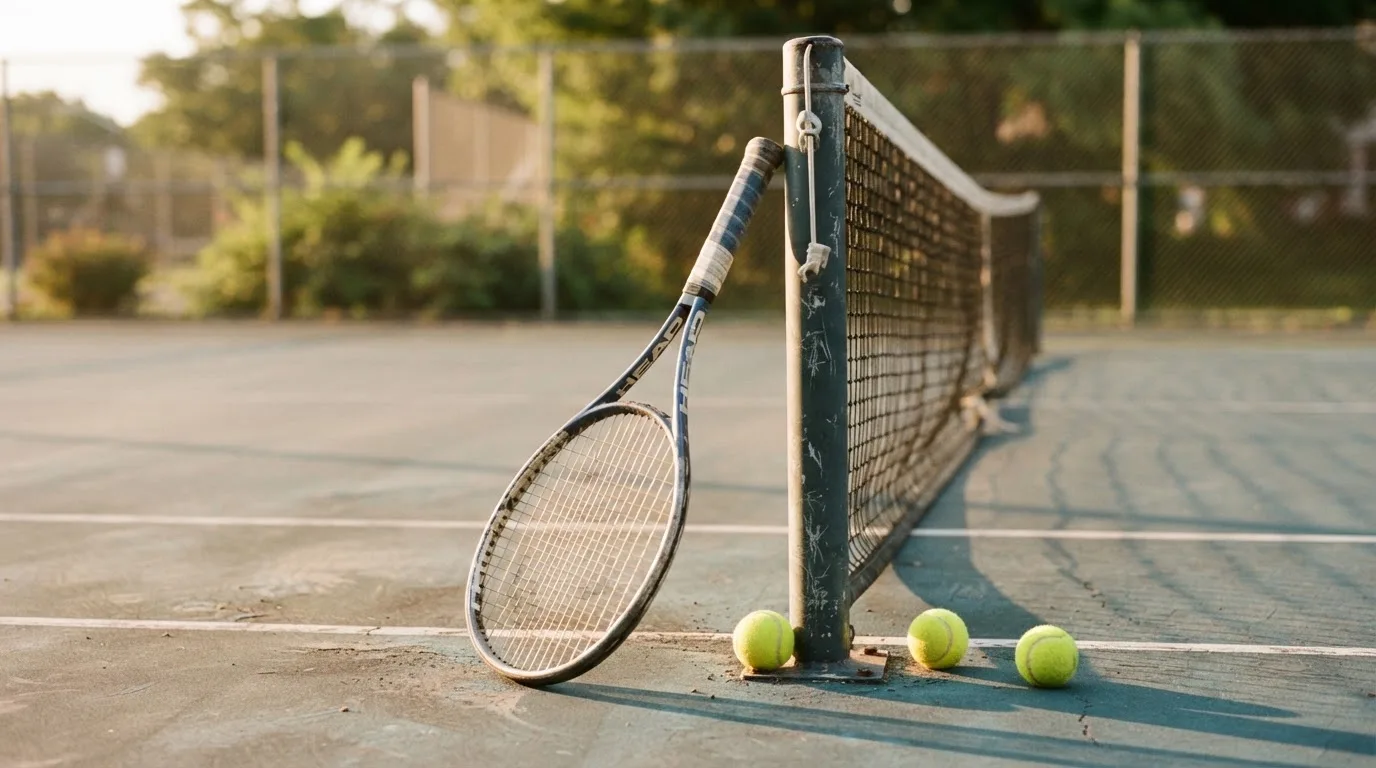 Ein Tennisschläger lehnt an einem Netzpfosten, daneben liegen drei Bälle auf einem Hartplatz in warmem Nachmittagslicht.