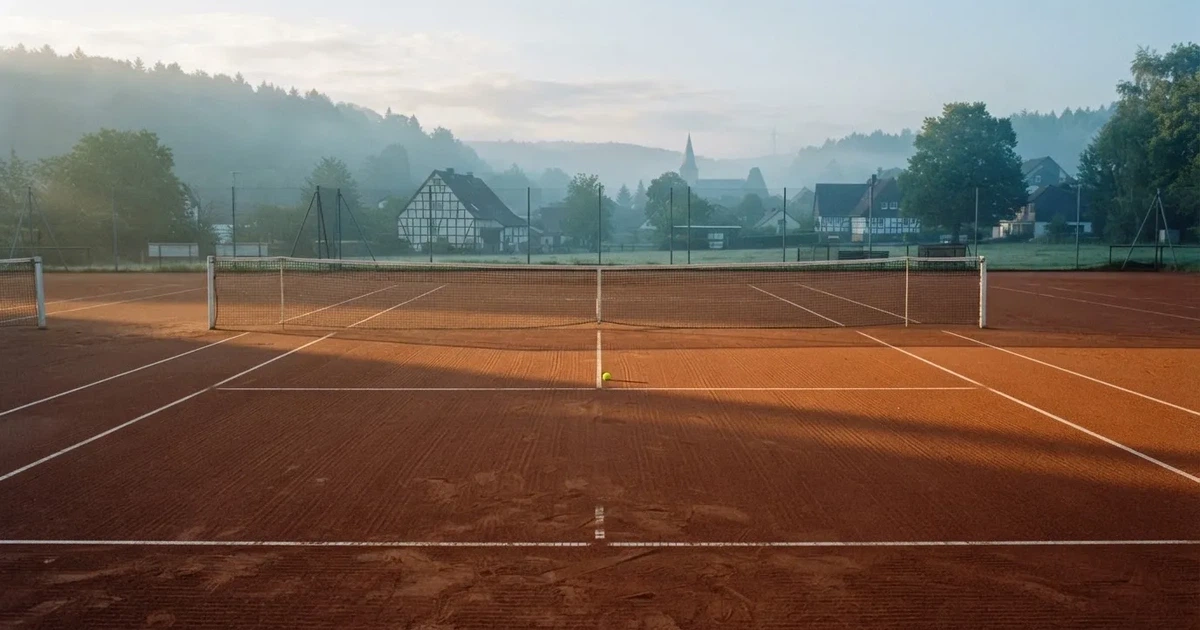 Ein Sandplatz am frühen Morgen mit frisch gezogenen Linien, einem Netz in der Mitte und einem gelben Ball auf der Grundlinie.