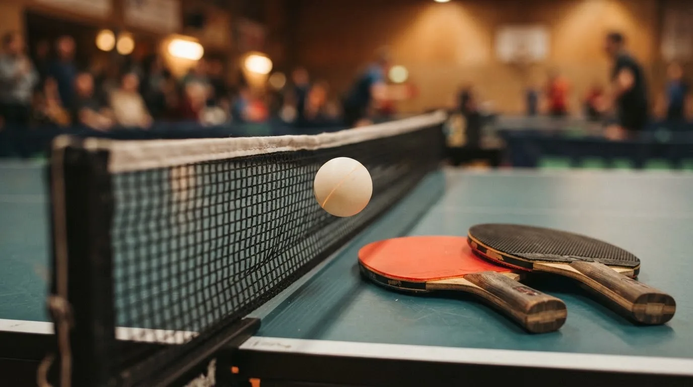 Ein weißer Ball liegt in Nahaufnahme auf der Netzkante einer Tischtennisplatte, daneben zwei Holzschläger mit rotem und schwarzem Belag.