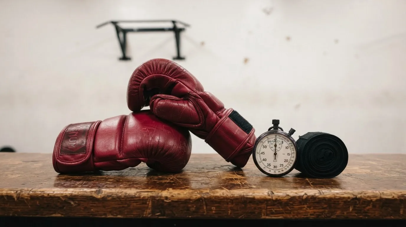 Ein Paar Kampfhandschuhe und eine Stoppuhr liegen auf einer Bank im Trainingsraum neben einer aufgerollten Handbandage.
