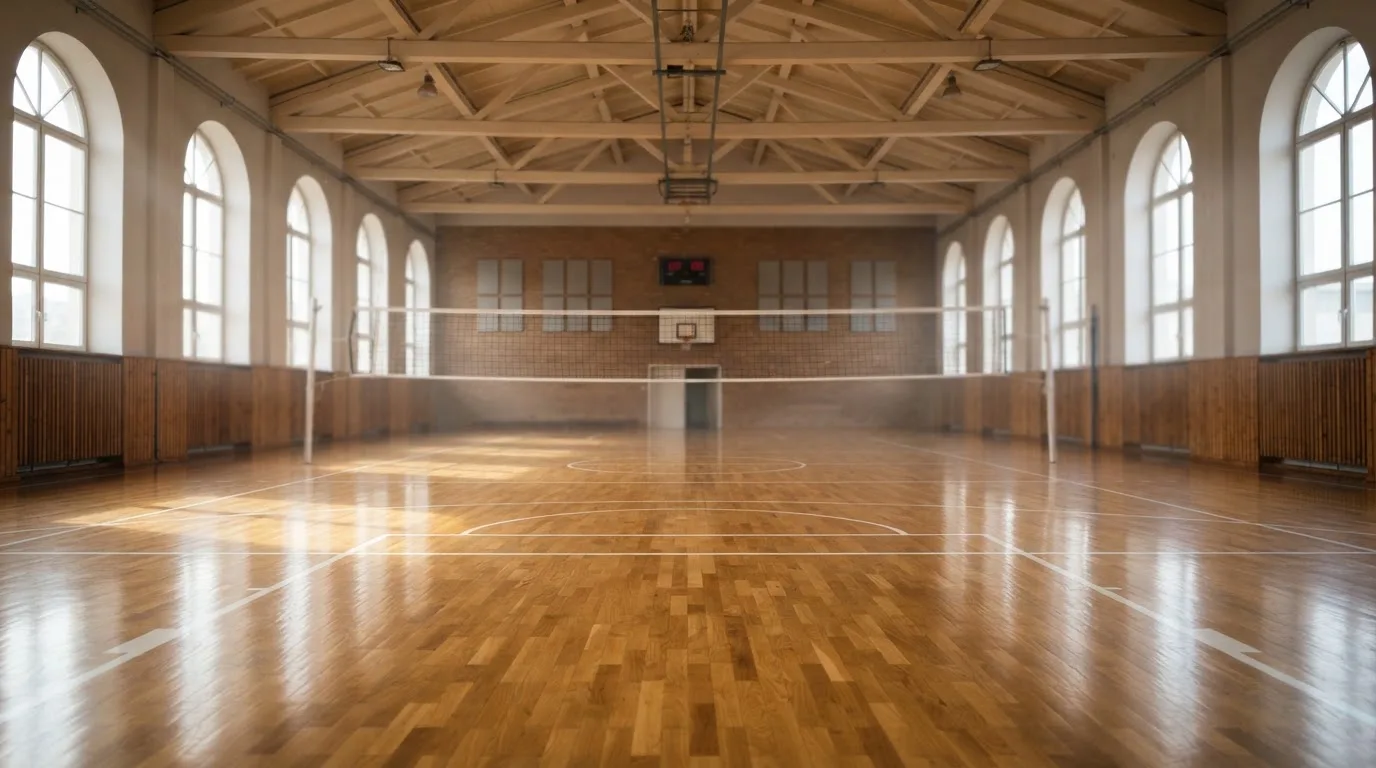 Eine leere Sporthalle mit gespanntem Volleyballnetz und glänzendem Parkett, durch hohe Fenster fällt Tageslicht.