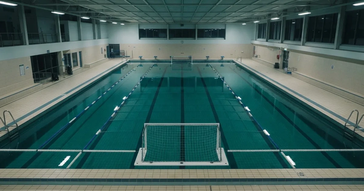 Ein Schwimmbecken mit türkisfarbenem Wasser und zwei schwimmenden Torrahmen am gegenüberliegenden Beckenrand, menschenleer unter Hallenlicht.