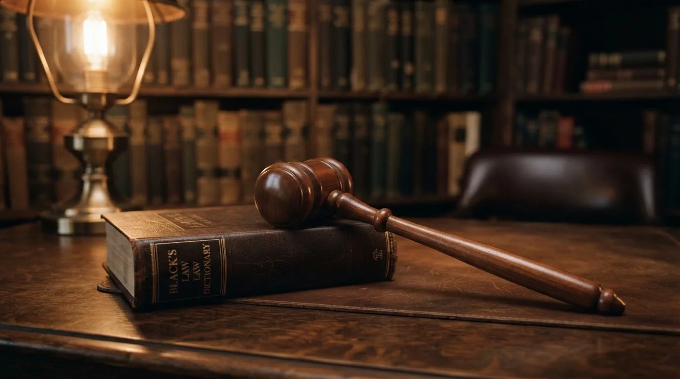 Ein Richterhammer aus Holz liegt auf einem Tisch, dahinter eine unscharfe Bücherwand im warmen Licht.