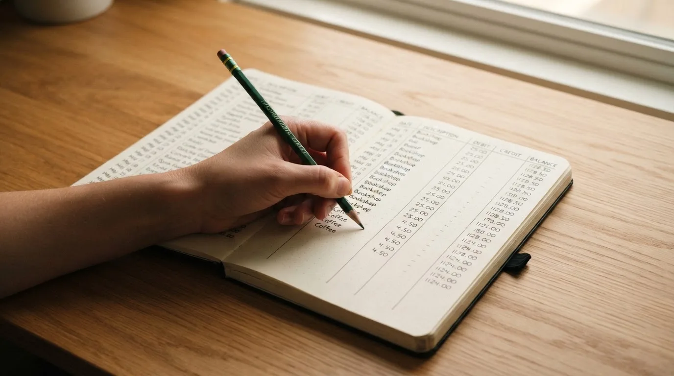 Ein Notizbuch mit handschriftlichen Spalten und einem Bleistift liegt auf einem Schreibtisch neben einem Taschenrechner.