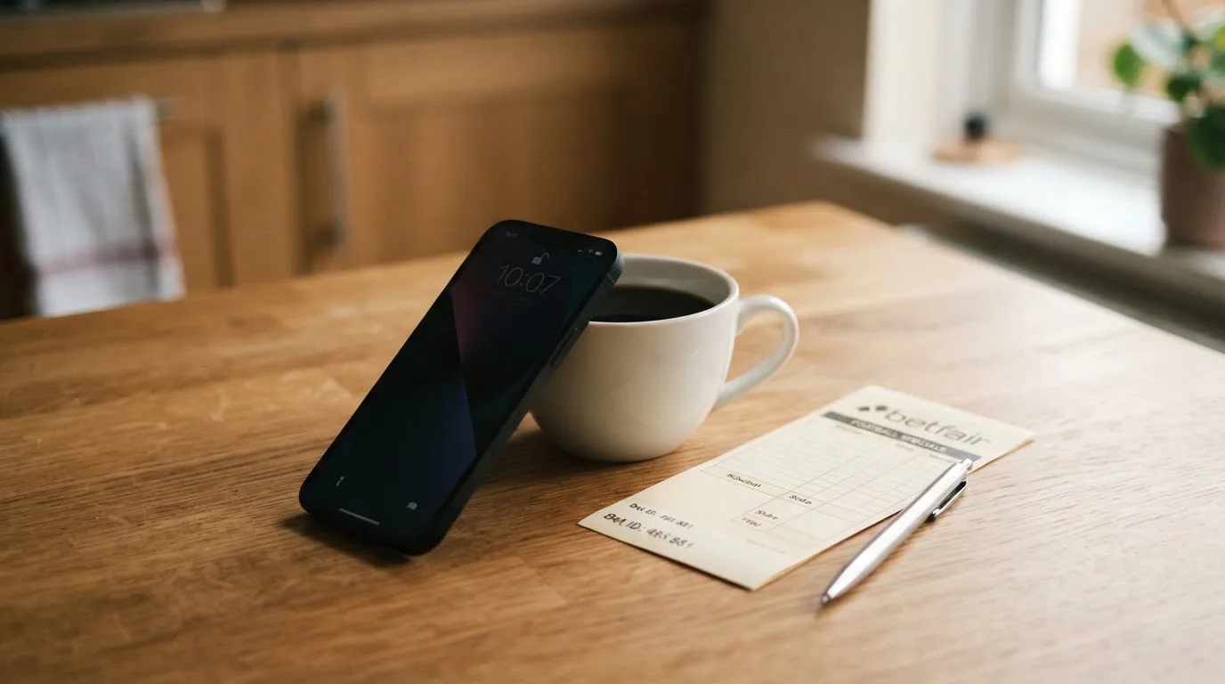 Ein Smartphone mit dunklem Bildschirm lehnt an einer Kaffeetasse auf einem Holztisch, daneben ein blanker Papier-Wettschein.