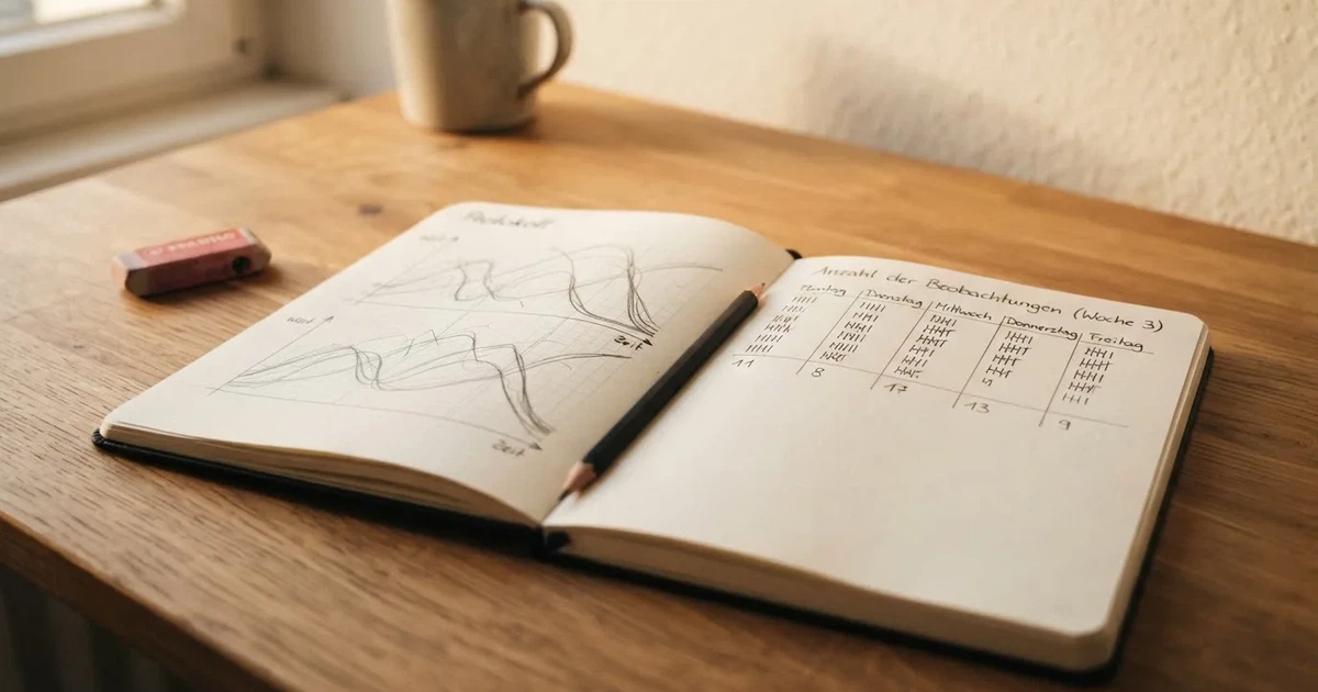 Ein Notizbuch mit handgezeichneten Kurven und Strichlisten liegt aufgeschlagen neben Bleistift und Radiergummi auf einem Schreibtisch im Tageslicht.
