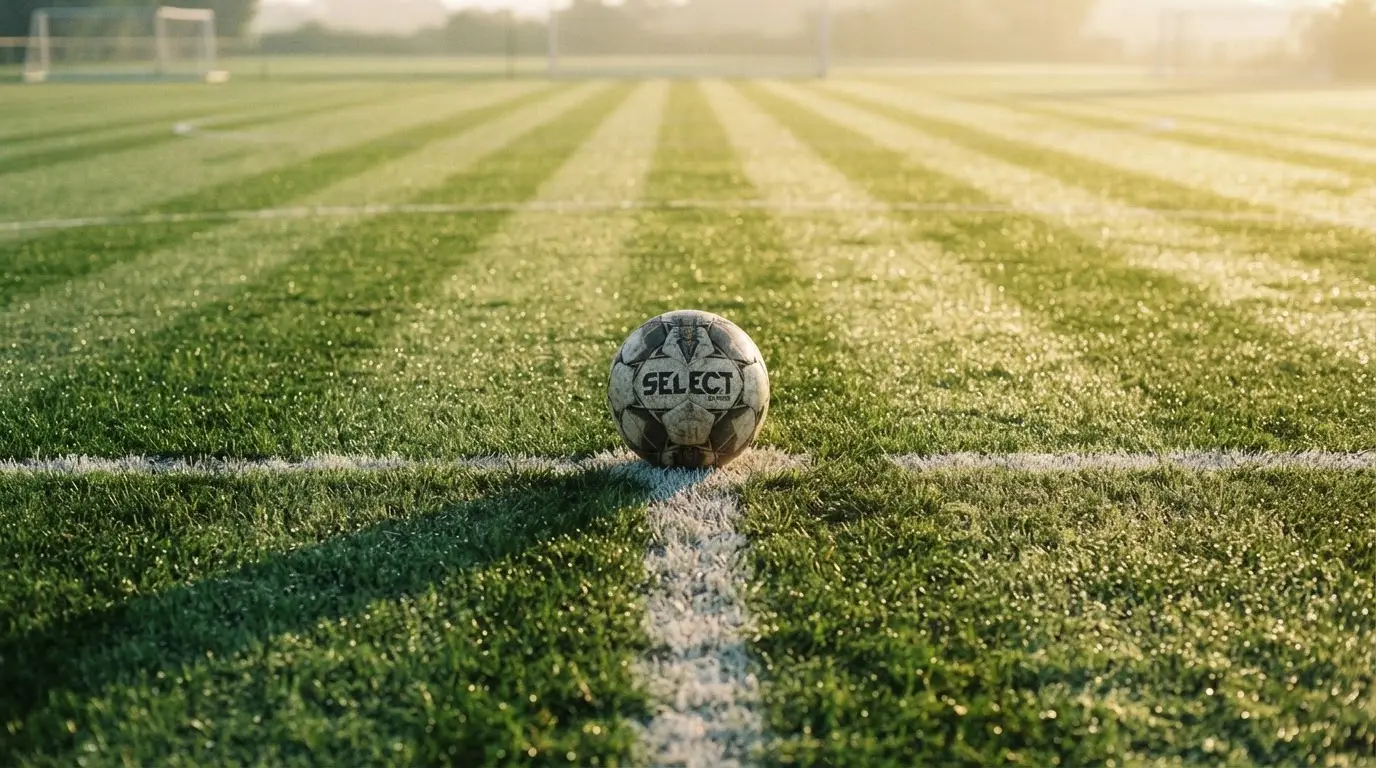 Ein Fußball liegt auf dem Anstoßpunkt eines Rasenplatzes im ersten Morgenlicht, Tau glänzt auf dem Gras.