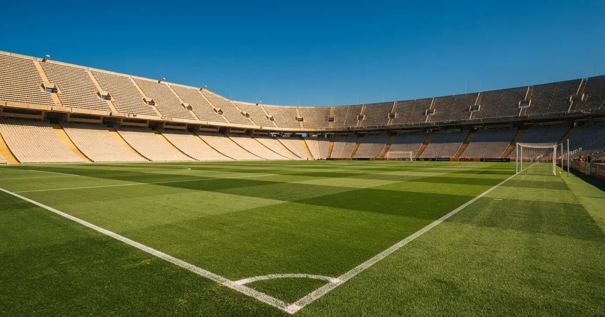 Ein Fußballstadion mit hellen Rängen unter strahlend blauem Himmel, davor ein sonnenbeschienener Rasen mit frisch gemähten Streifen.