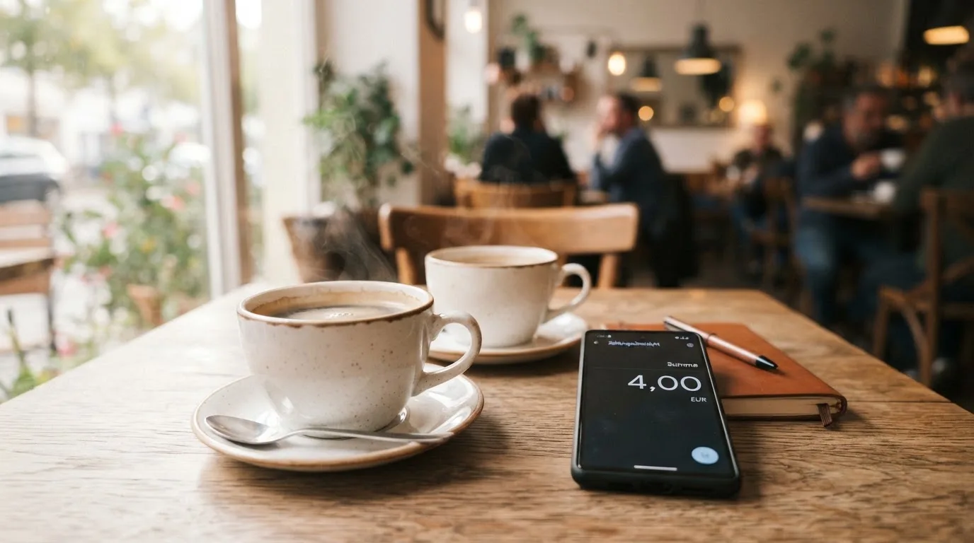 Zwei Kaffeetassen und ein dunkles Smartphone stehen auf einem Café-Tisch am Fenster im Morgenlicht.