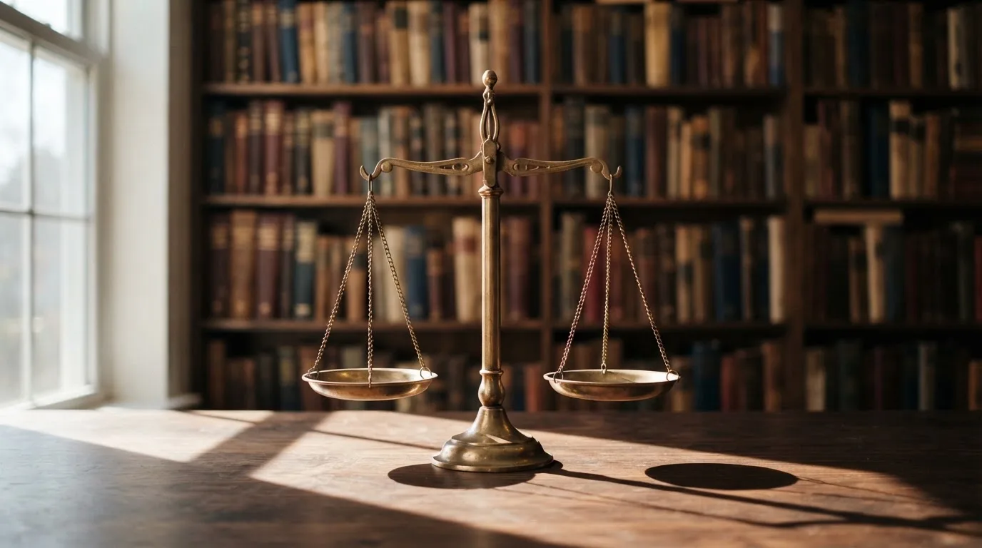 Eine Messingwaage steht auf einem dunklen Holztisch, dahinter eine unscharfe Regalwand mit geschlossenen Büchern.