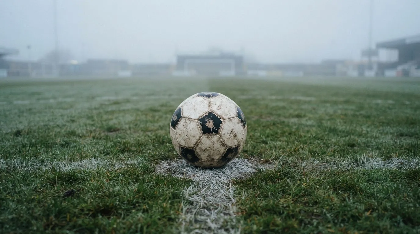 Ein abgewetzter Fußball liegt auf dem Anstoßkreis eines Naturrasens im Morgennebel.