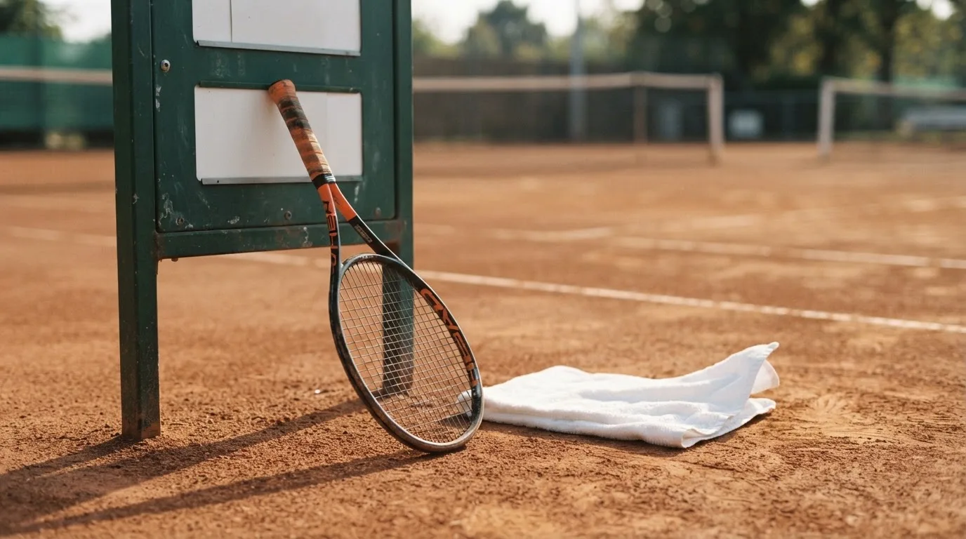 Ein Tennisschläger lehnt an einer dunkelgrünen Bande ohne Aufschrift auf einem Sandplatz, daneben liegt ein Handtuch.