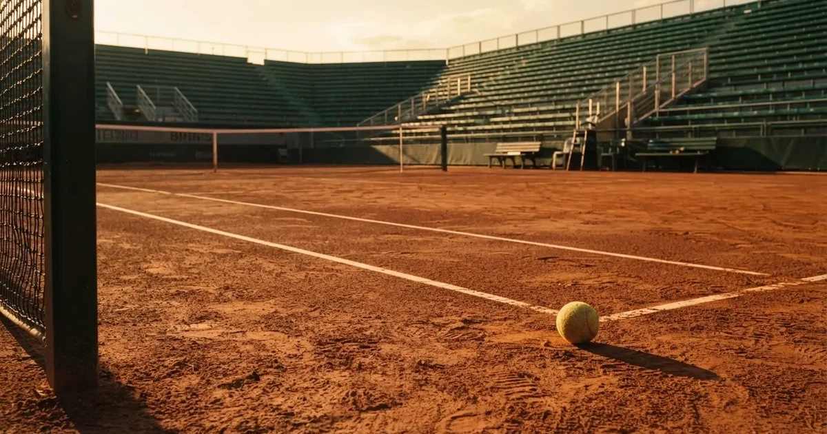 Ein Sandplatz mit rötlichem Belag und gezogenen weißen Linien, ein einzelner Tennisball liegt neben der Linie, im Hintergrund eine leere Tribüne.