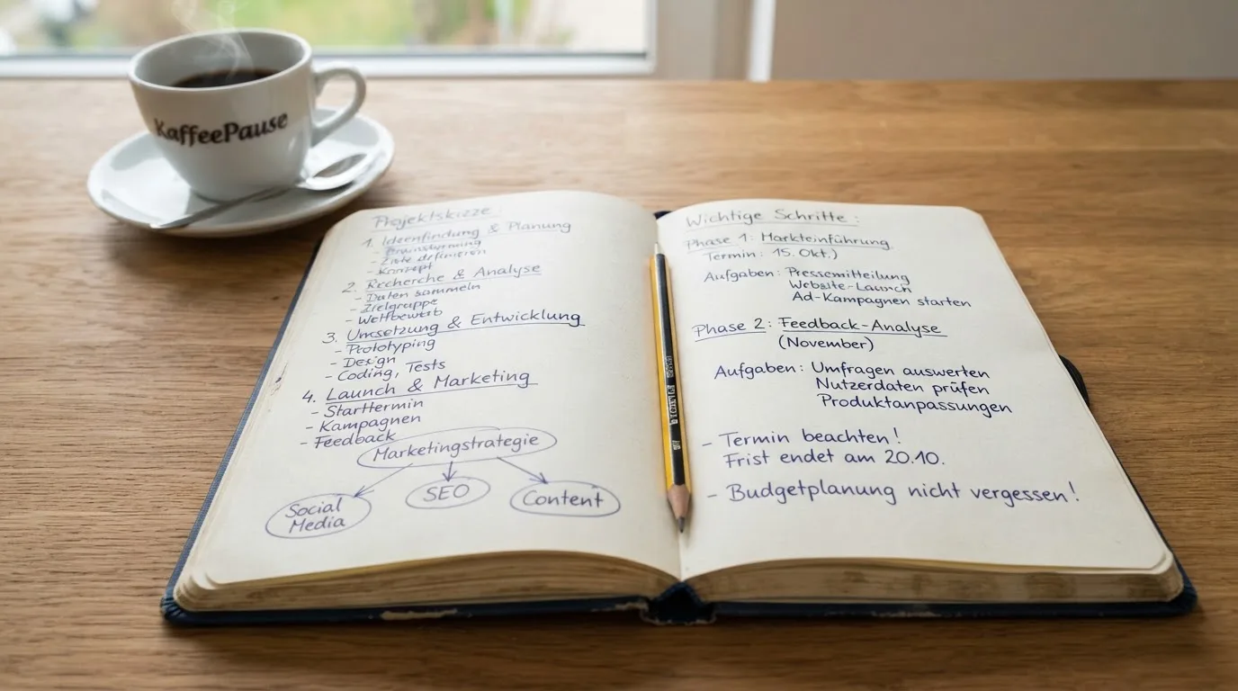 Ein aufgeschlagenes Notizbuch mit handschriftlichen Skizzen liegt neben einem Bleistift auf einem Holztisch, daneben eine Tasse Kaffee.