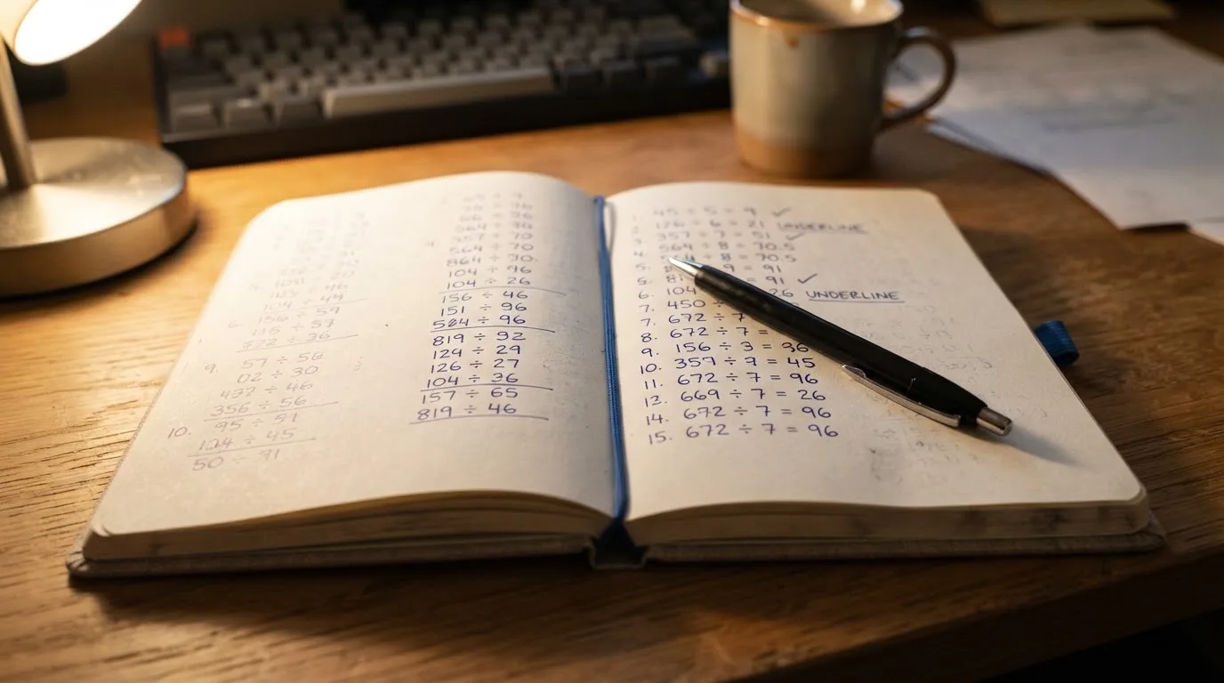 Ein Taschenrechner und ein Bleistift liegen auf einem Schreibtisch neben einem aufgeschlagenen Notizbuch mit handschriftlichen Zahlenreihen.
