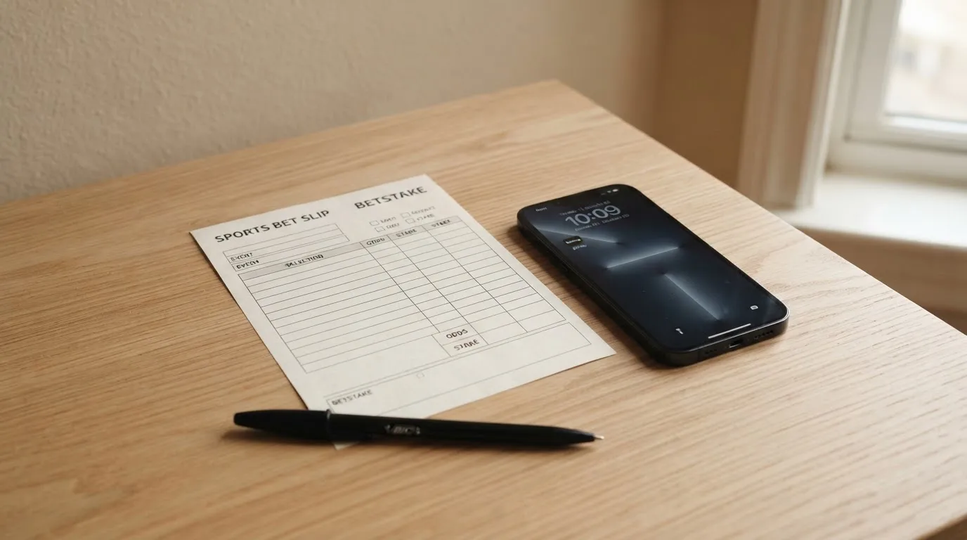 Ein leerer Papier-Wettschein liegt neben einem Smartphone mit dunklem Display auf einer hellen Tischplatte, daneben ein Kugelschreiber.