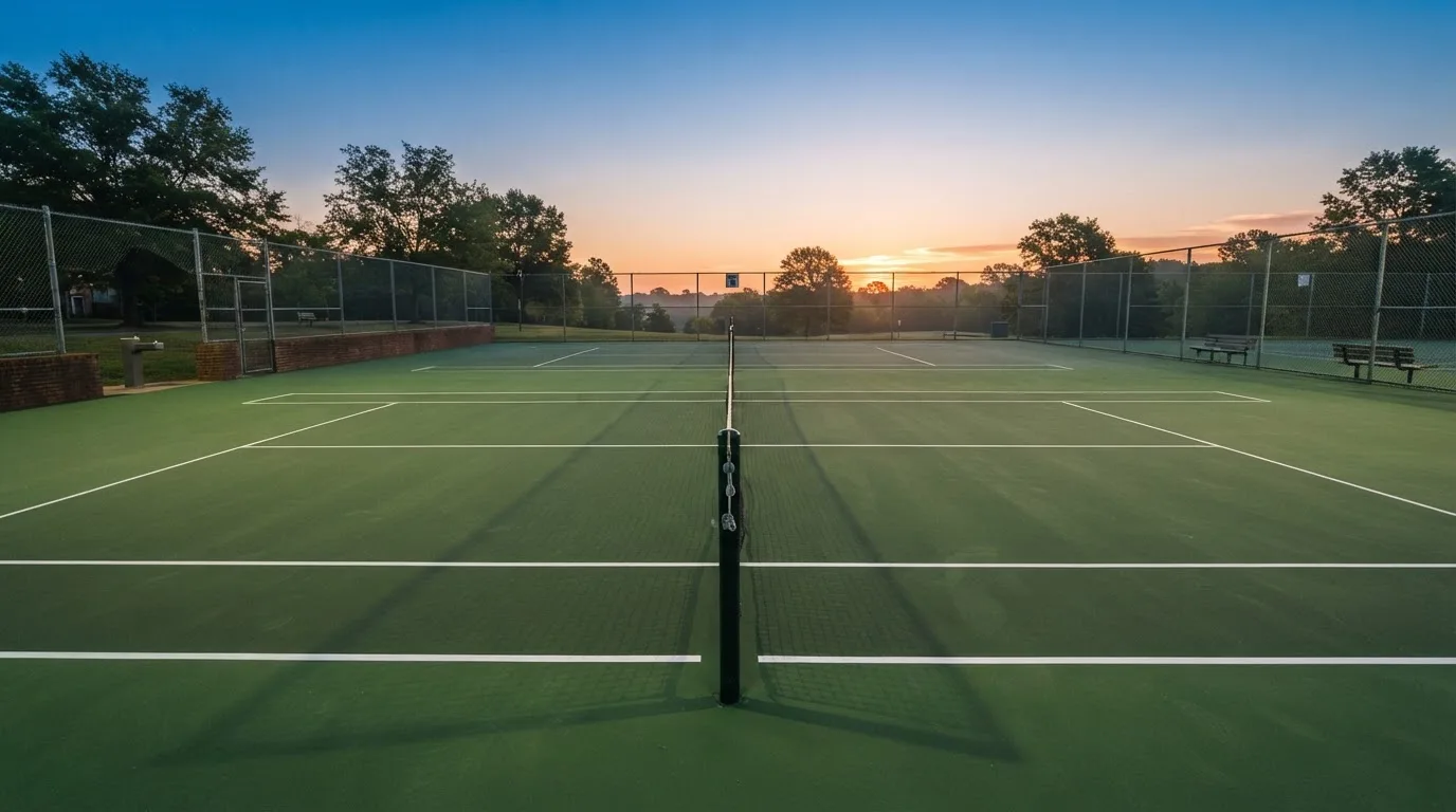 Ein Tennisplatz bei Sonnenaufgang, Netz und Grundlinien im weichen Licht, niemand ist zu sehen.