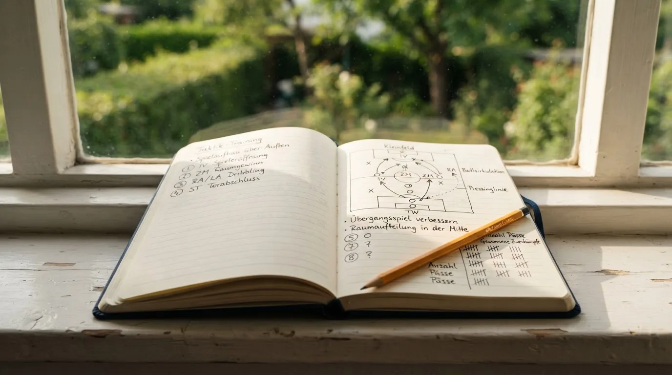 Ein aufgeschlagenes Notizbuch mit handschriftlichen Skizzen und ein Bleistift liegen auf einer Fensterbank im Tageslicht.