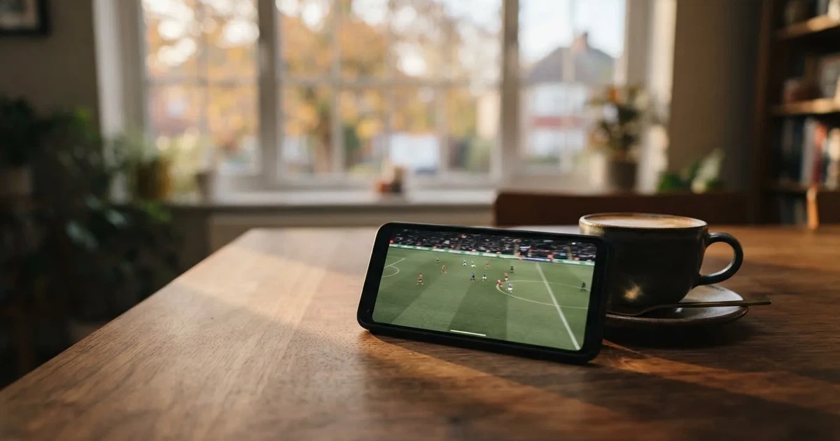 Ein Smartphone mit dunklem Display liegt auf einem Holztisch neben einer Tasse Kaffee, im Hintergrund ein unscharfes Fenster.