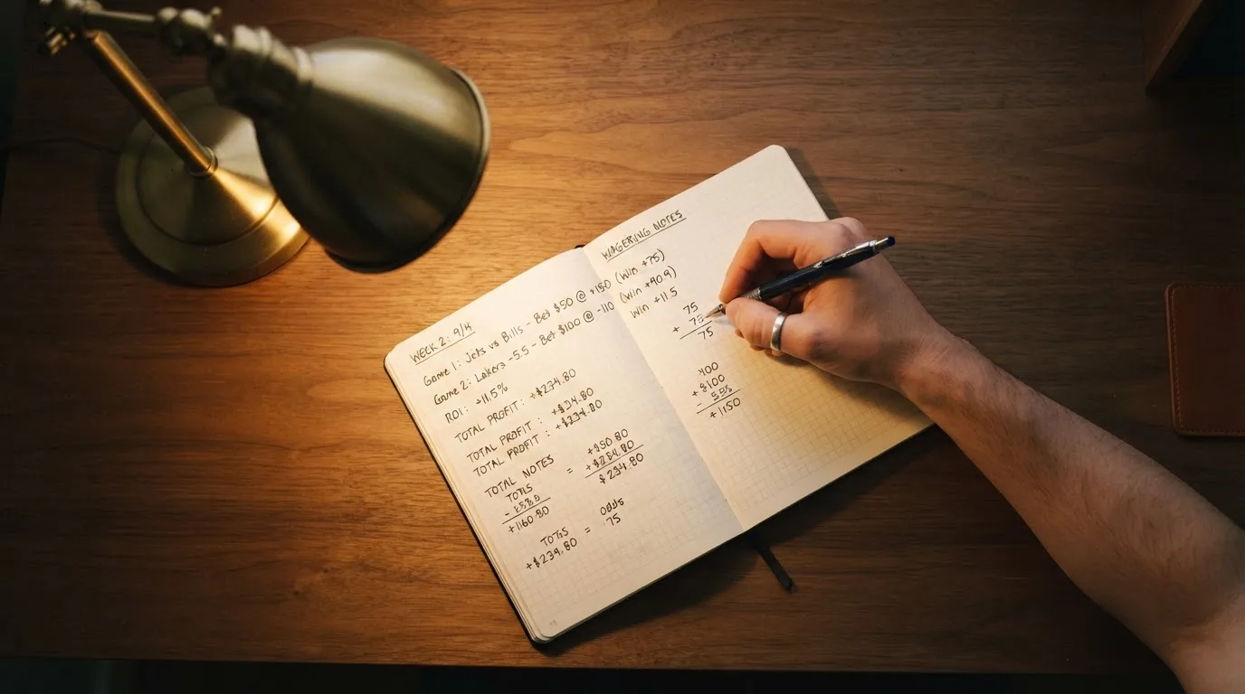 Ein Taschenrechner und ein Notizbuch mit handschriftlichen Zahlenreihen liegen auf einem Schreibtisch unter einer Lampe.