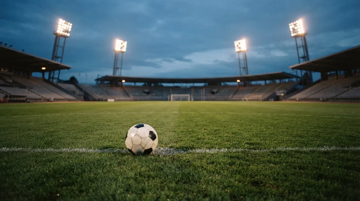 Ein Fußball liegt im Gras eines leeren Platzes, im Hintergrund stehen Flutlichtmasten in der Dämmerung.